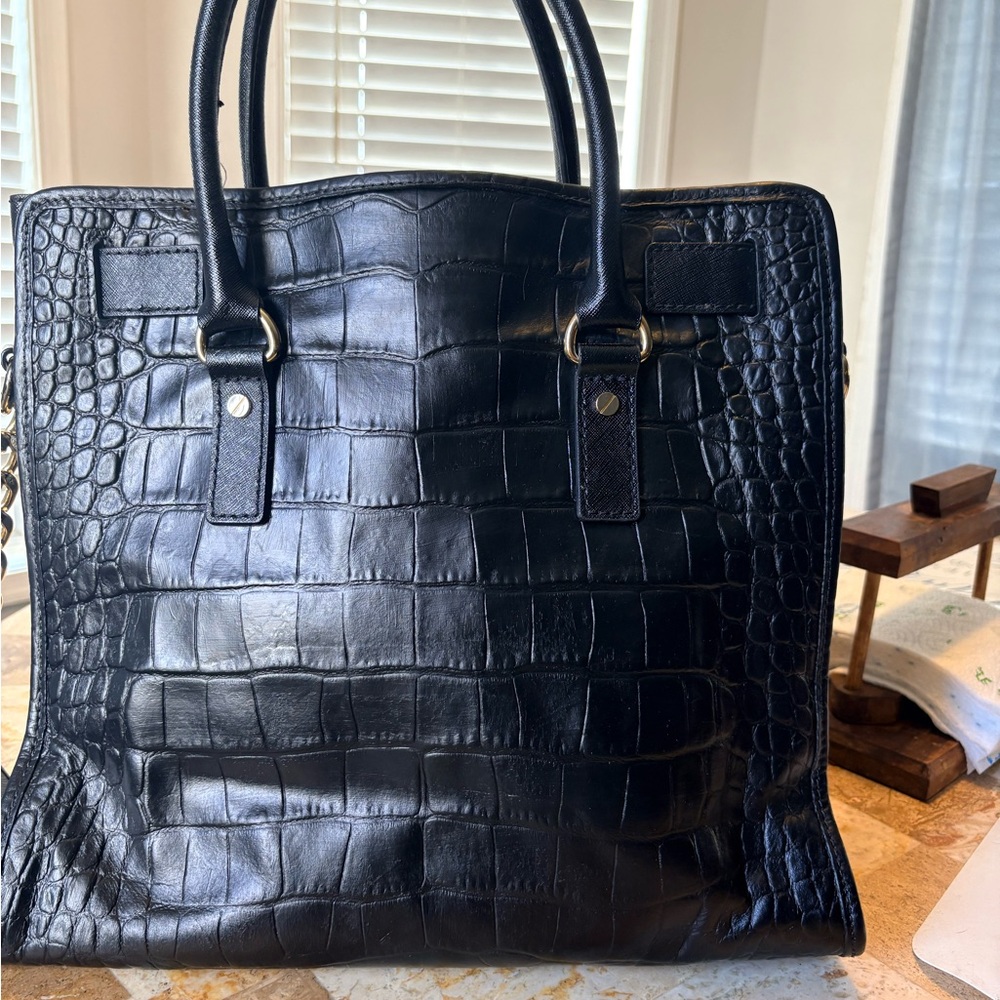 Black Croc-Embossed Leather Tote Bag